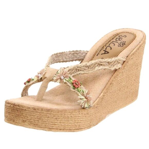 Sbicca Boho Wedge Sandal Platform Handmade Floral Rattan Split Toe Womens Size 9 - Picture 1 of 4
